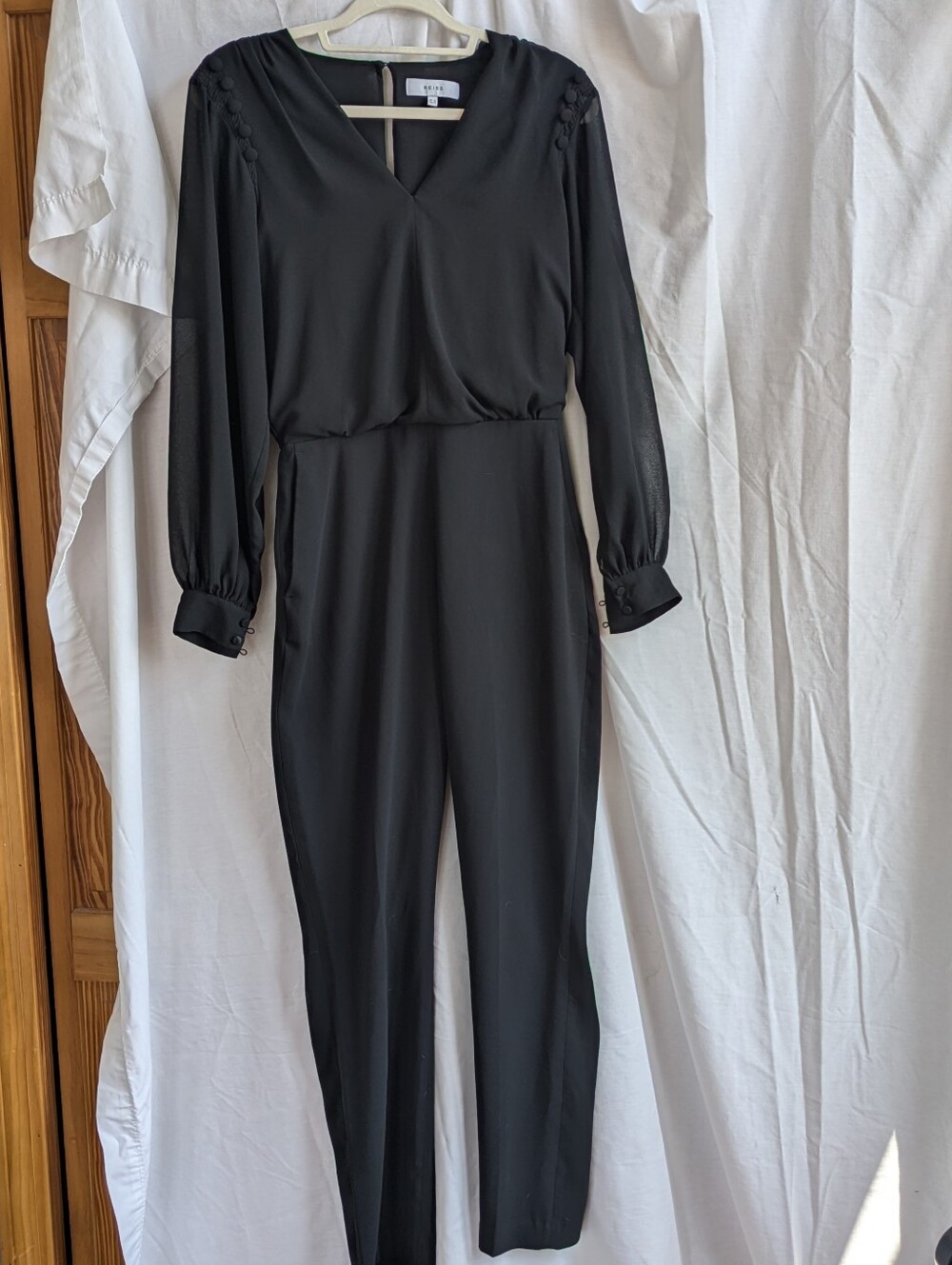 Reiss Black Long-Sleeve V-Neck Jumpsuit